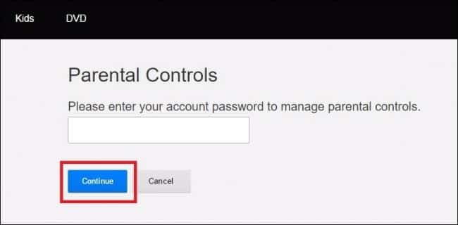Entering password on Netflix parental controls settings